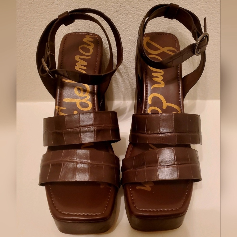 Sam Edelman Dark Brown Croc-Embossed Sandals
